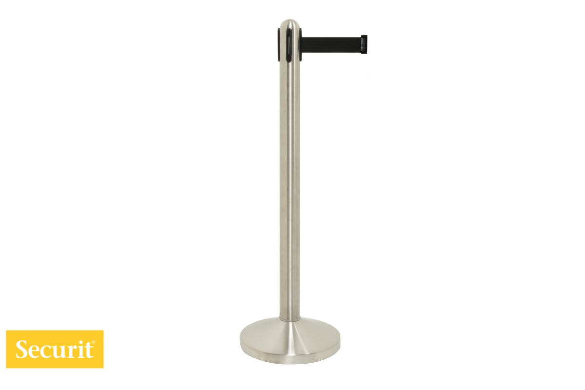 Securit  USMERJEVALNI STEBRIČEK s črnim izvlečnim TRAKOM Steel RSRTRVSBL