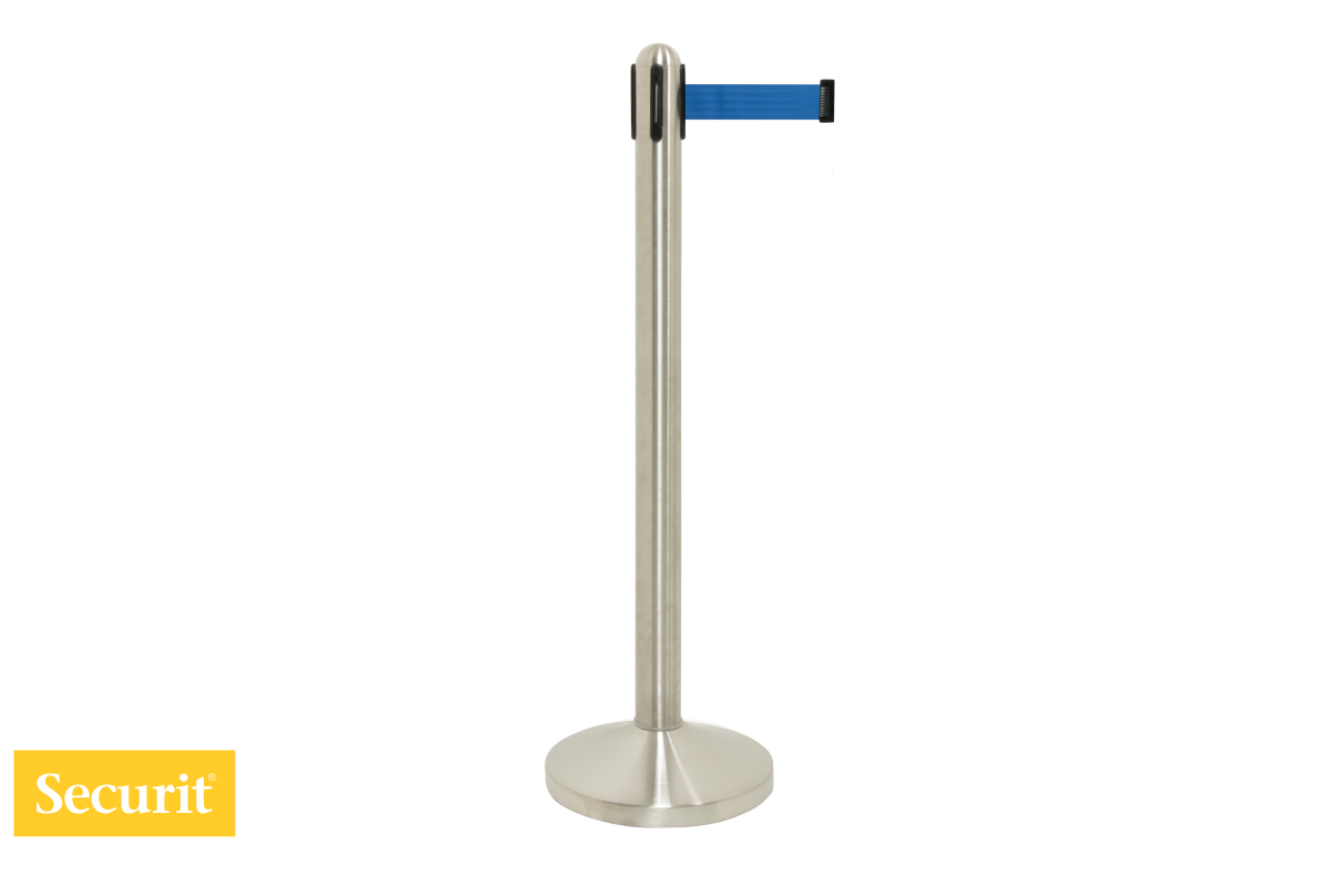 Securit  USMERJEVALNI STEBRIČEK z modrim izvlečnim TRAKOM Steel RSRTRVSBU